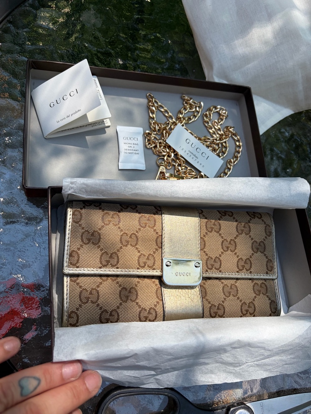 Gucci gunmetal GG Supreme Canvas (Chain) Wallet with original box